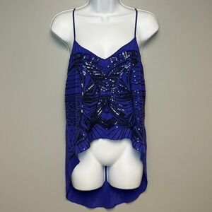 Bebe 100% Mulberry Silk Royal Blue Sequin Chiffon Glam Strappy Camisole Sz M